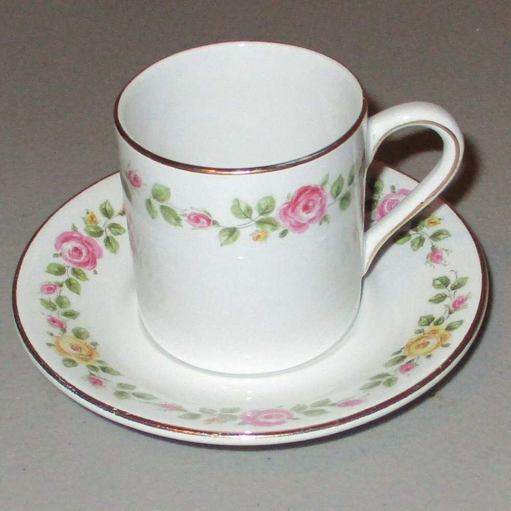 Porcelain Espresso Demitasse Cup & Saucer White Pink Rose Luneville Vintage